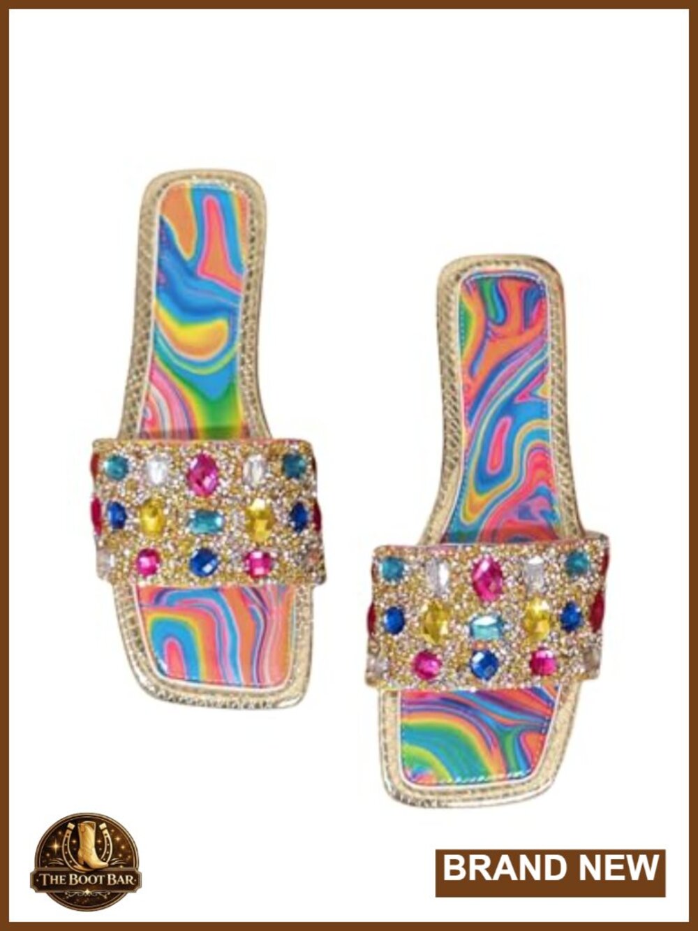 Women's Rhinestone Sparkly Square Toe Wedding Flat Slides Sandals - Faux Leather